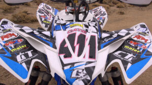 Front nose and fenders of Honda 400EX featuring high-gloss Maier plastic, viewed looking back over the ATV.