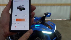 Denago E-Hawk 6 smartphone app showing parental controls for speed settings and machine functions.