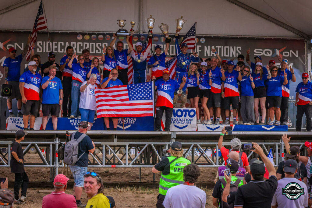 Zack Decker, Joel Hetrick and Max Lindquist celebrate Team USA’s victory in France.