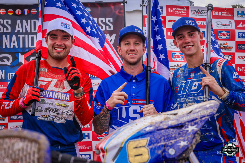Max Lindquist, Joel Hetr ick, and Zack Decker all together after Team USA's Quadcross of Nations win.