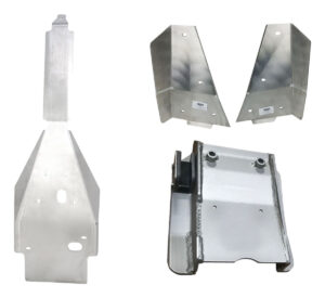 Studio image of Ricochet aluminum skid plates for the Yamaha YFZ450R, including chassis, swingarm, and A-arm protection.
