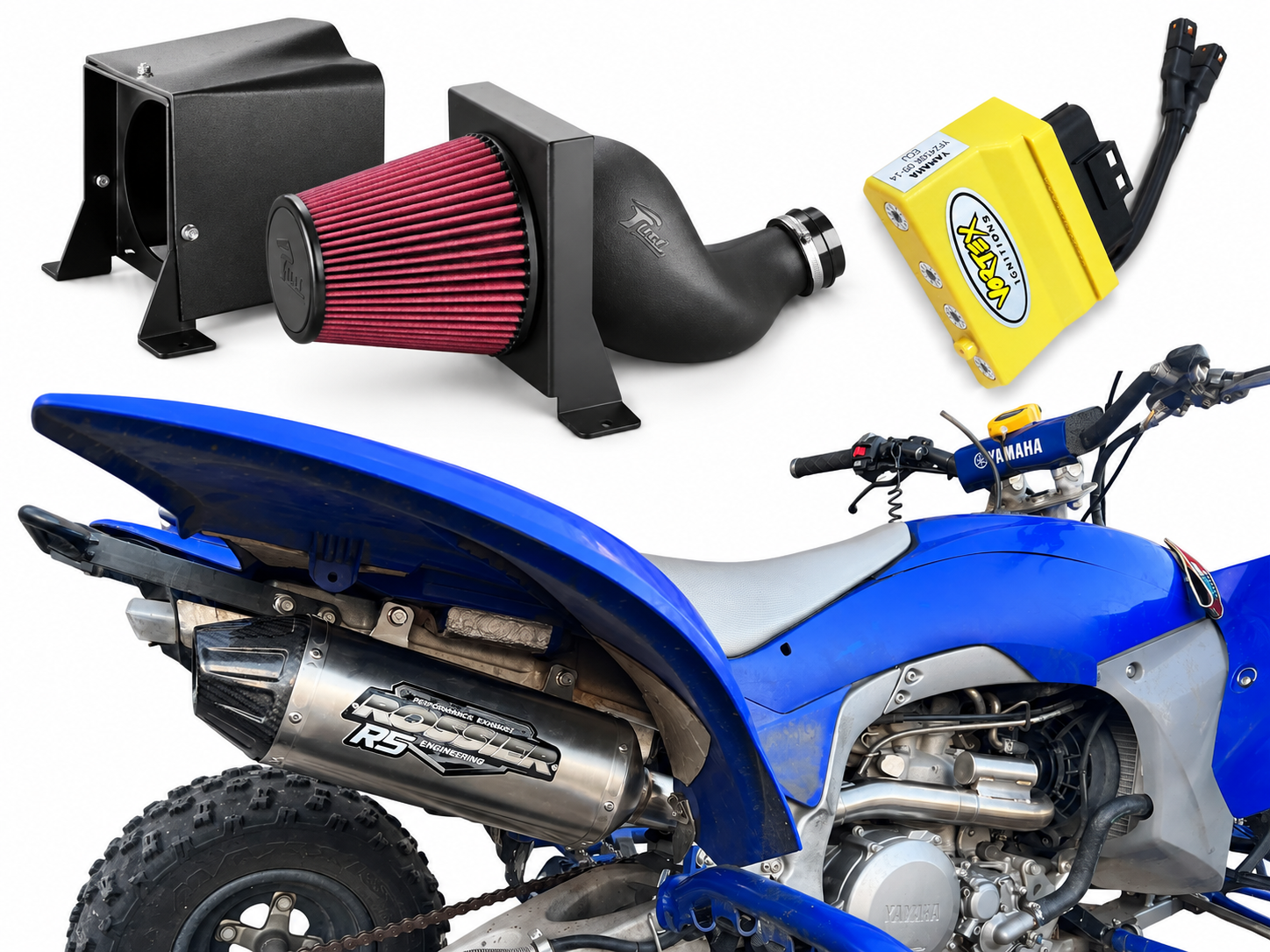 Studio image showing a Vortex ECU, Rossier R5 exhaust system, and Fuel Customs intake for the Yamaha YFZ450R.