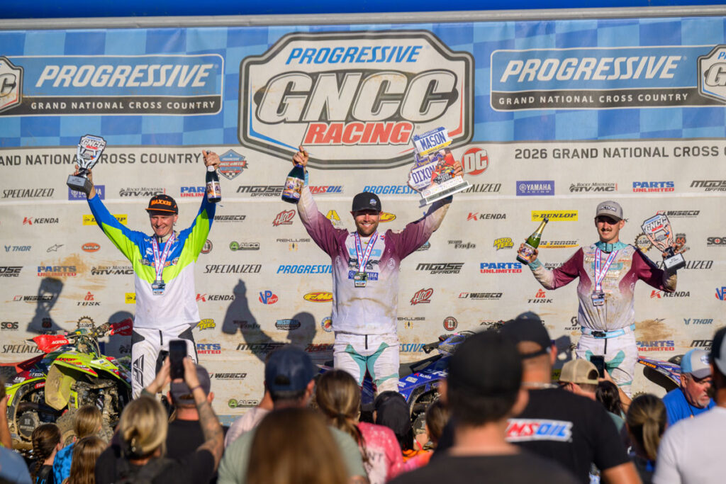 Brycen Neal center with Hunter Hart left and Branden Owens right on the Mason-Dixon GNCC overall podium.