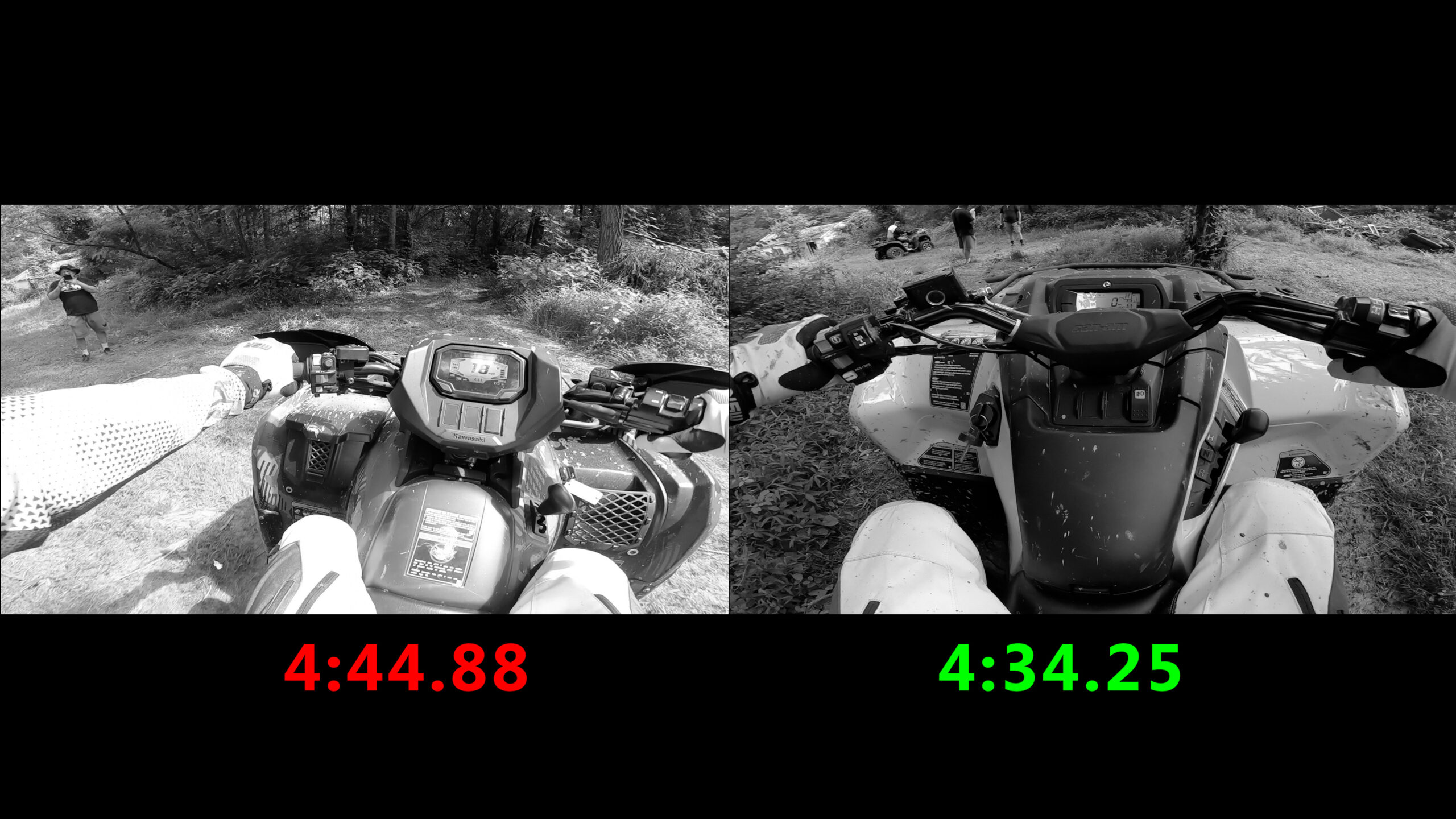 Checking. Split-screen view of Jimmy Green riding the Can-Am Outlander 700 and the Kawasaki Brute Force 750, with each lap time displayed on screen.
