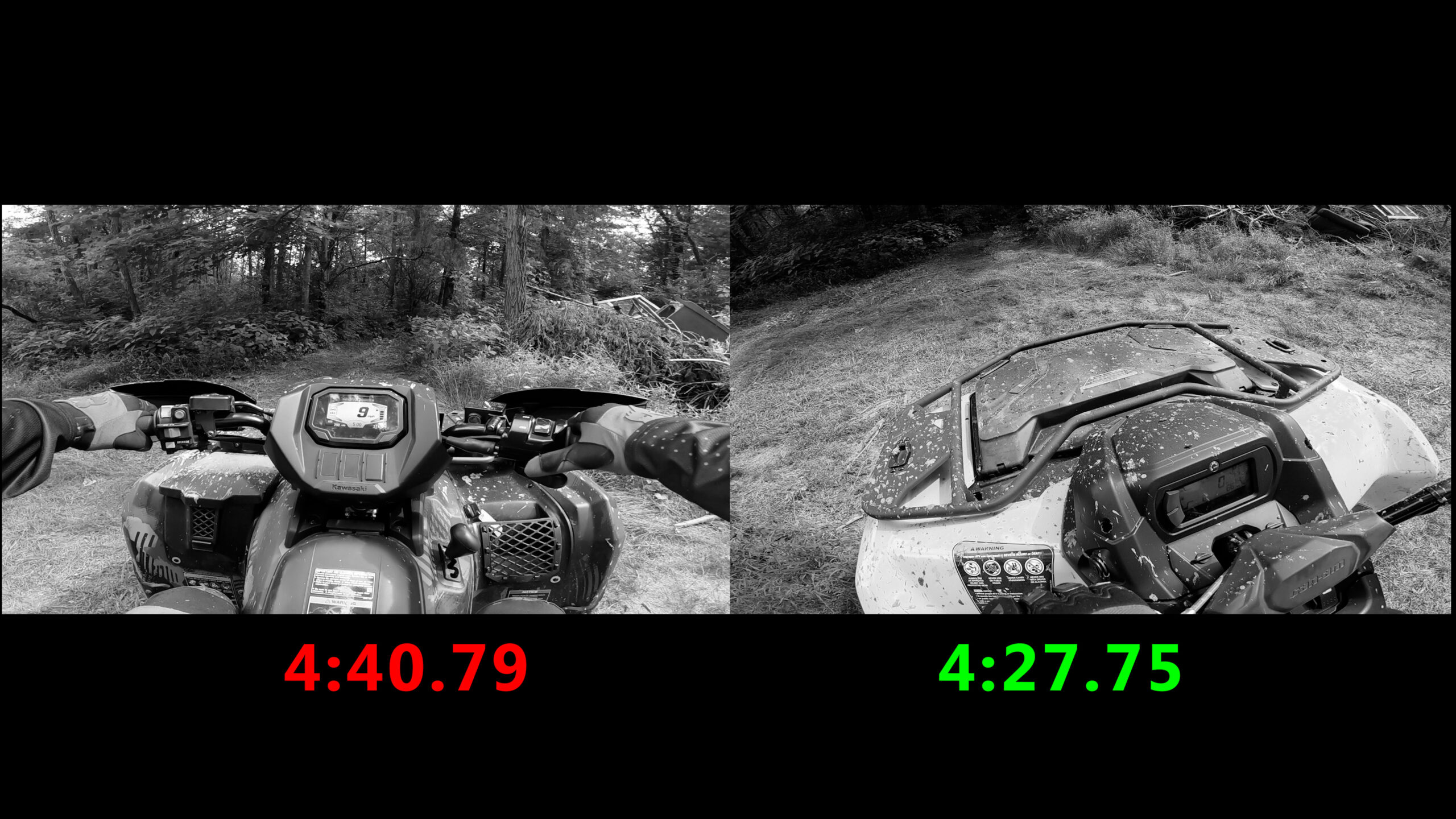 Split-screen view of Landon Dean riding the Can-Am Outlander 700 and Kawasaki Brute Force 750, with lap times shown.